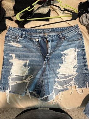 American Eagle Outfitters Light Blue Distressed High Waist Denim Shorts